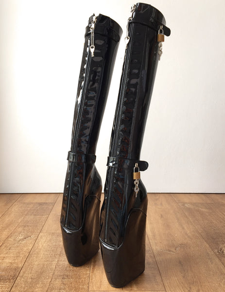 Rtbu 6 Keys Locking Zip Beginner Ballet Wedge Boots Fetish Dominatrix Black Patent