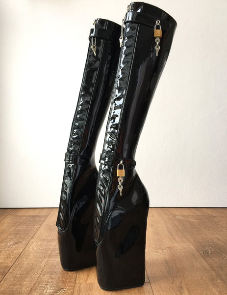 Rtbu 6 Keys Locking Zip Beginner Ballet Wedge Boots Fetish Dominatrix Black Patent