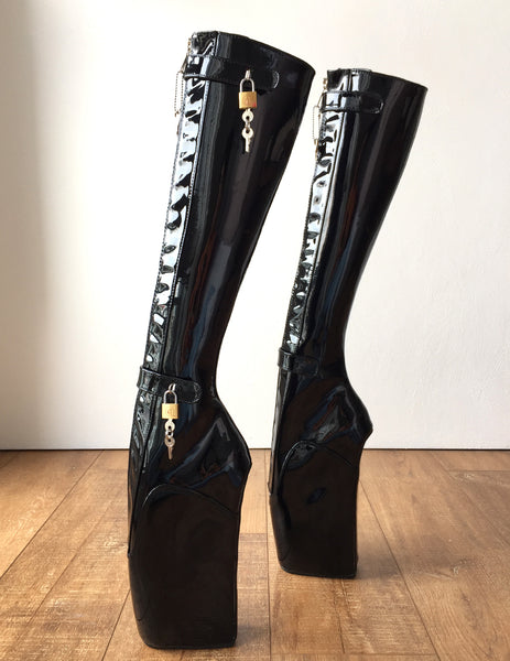 Rtbu 6 Keys Locking Zip Beginner Ballet Wedge Boots Fetish Dominatrix Black Patent