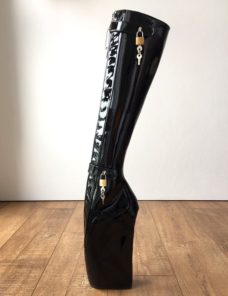 Rtbu 6 Keys Locking Zip Beginner Ballet Wedge Boots Fetish Dominatrix Black Patent