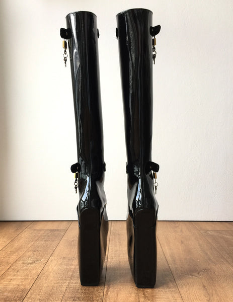 Rtbu 6 Keys Locking Zip Beginner Ballet Wedge Boots Fetish Dominatrix Black Patent