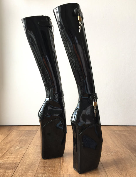 Rtbu 6 Keys Locking Zip Beginner Ballet Wedge Boots Fetish Dominatrix Black Patent