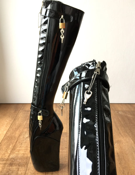 Rtbu 6 Keys Locking Zip Beginner Ballet Wedge Boots Fetish Dominatrix Black Patent