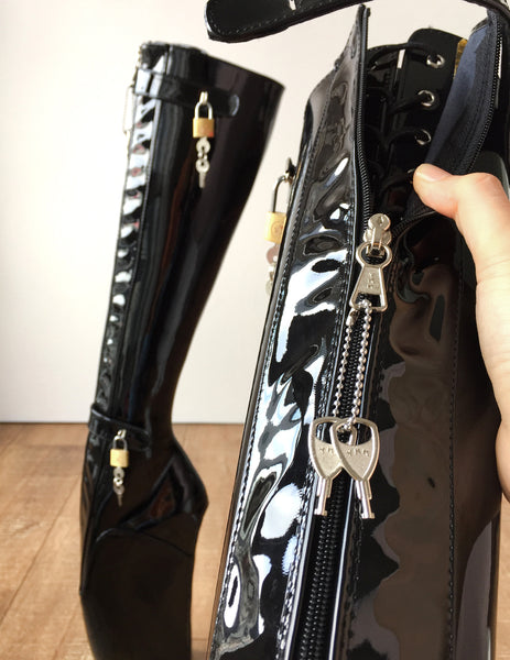 Rtbu 6 Keys Locking Zip Beginner Ballet Wedge Boots Fetish Dominatrix Black Patent