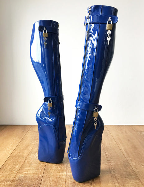 RTBU 6 KEYS Locking Zip Beginner Ballet Wedge Boots Fetish Dominatrix Blue Patent