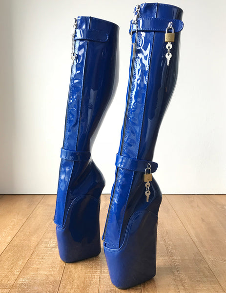 RTBU 6 KEYS Locking Zip Beginner Ballet Wedge Boots Fetish Dominatrix Blue Patent