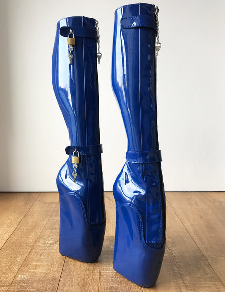 RTBU 6 KEYS Locking Zip Beginner Ballet Wedge Boots Fetish Dominatrix Blue Patent