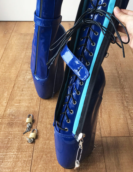 RTBU 6 KEYS Locking Zip Beginner Ballet Wedge Boots Fetish Dominatrix Blue Patent