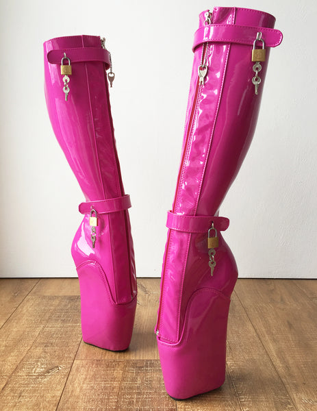 RTBU 6 KEYS Locking Zip Beginner Ballet Wedge Boots Fetish Dominatrix Hot Pink Patent