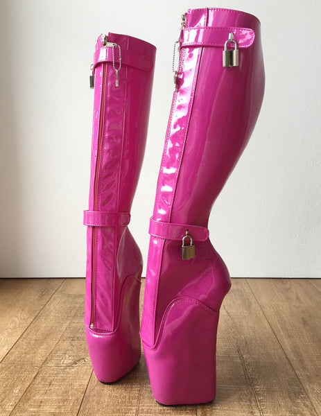 RTBU 6 KEYS Locking Zip Beginner Ballet Wedge Boots Fetish Dominatrix Hot Pink Patent