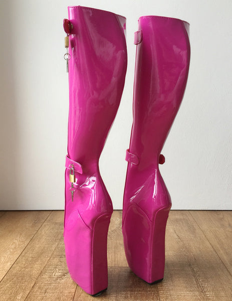 RTBU 6 KEYS Locking Zip Beginner Ballet Wedge Boots Fetish Dominatrix Hot Pink Patent