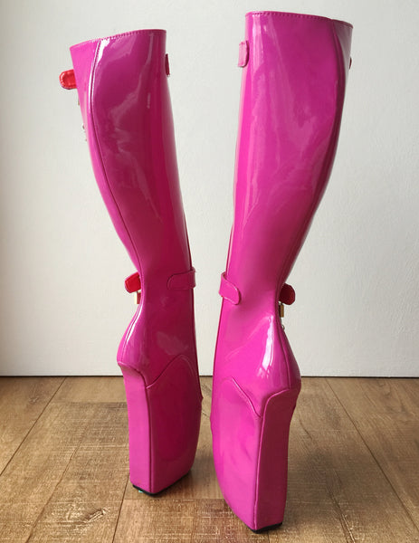 RTBU 6 KEYS Locking Zip Beginner Ballet Wedge Boots Fetish Dominatrix Hot Pink Patent