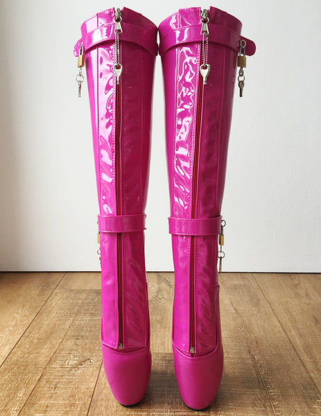 RTBU 6 KEYS Locking Zip Beginner Ballet Wedge Boots Fetish Dominatrix Hot Pink Patent