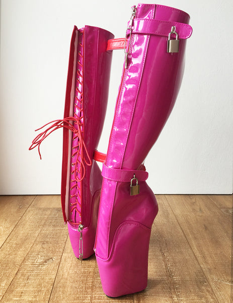 RTBU 6 KEYS Locking Zip Beginner Ballet Wedge Boots Fetish Dominatrix Hot Pink Patent