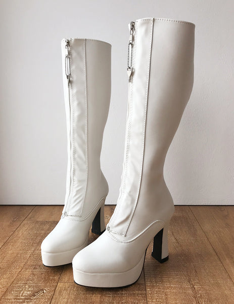 RTBU ADNAN Secret Locking Zip 12cm Spool Hidden Shoe Lace Knee Boots BDSM Fetish White Matte