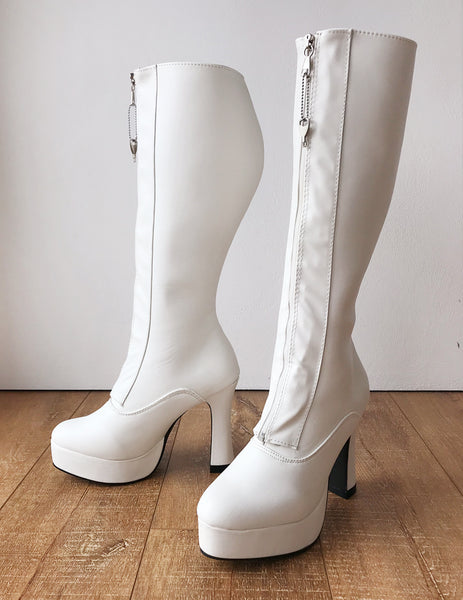 RTBU ADNAN Secret Locking Zip 12cm Spool Hidden Shoe Lace Knee Boots BDSM Fetish White Matte
