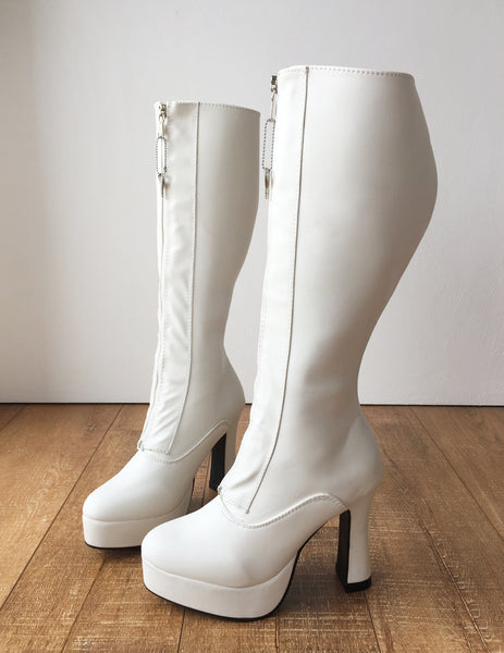 RTBU ADNAN Secret Locking Zip 12cm Spool Hidden Shoe Lace Knee Boots BDSM Fetish White Matte