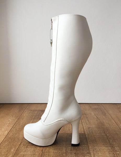 RTBU ADNAN Secret Locking Zip 12cm Spool Hidden Shoe Lace Knee Boots BDSM Fetish White Matte