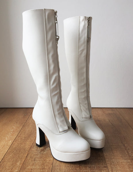 RTBU ADNAN Secret Locking Zip 12cm Spool Hidden Shoe Lace Knee Boots BDSM Fetish White Matte