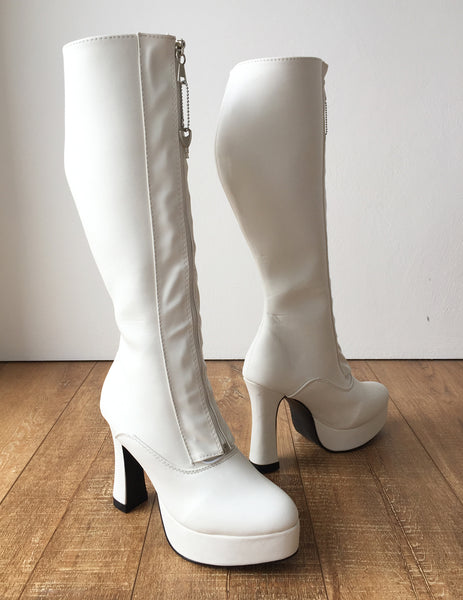 RTBU ADNAN Secret Locking Zip 12cm Spool Hidden Shoe Lace Knee Boots BDSM Fetish White Matte