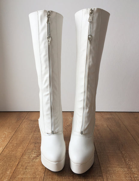 RTBU ADNAN Secret Locking Zip 12cm Spool Hidden Shoe Lace Knee Boots BDSM Fetish White Matte