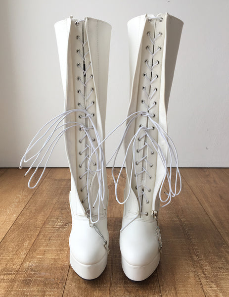 RTBU ADNAN Secret Locking Zip 12cm Spool Hidden Shoe Lace Knee Boots BDSM Fetish White Matte