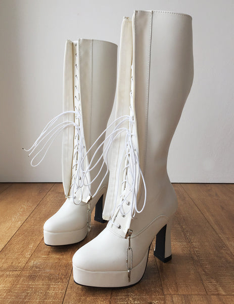RTBU ADNAN Secret Locking Zip 12cm Spool Hidden Shoe Lace Knee Boots BDSM Fetish White Matte