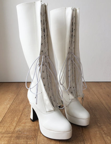 RTBU ADNAN Secret Locking Zip 12cm Spool Hidden Shoe Lace Knee Boots BDSM Fetish White Matte