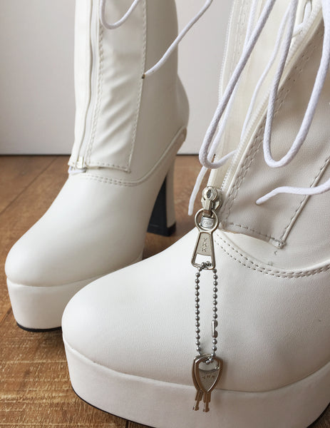 RTBU ADNAN Secret Locking Zip 12cm Spool Hidden Shoe Lace Knee Boots BDSM Fetish White Matte