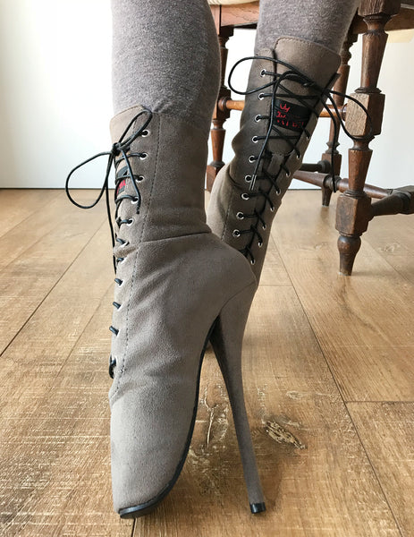 RTBU Ballet Stiletto Hi Heel Pointe Lace up Burlesque Taupe Suede