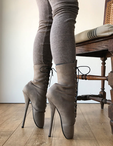 RTBU Ballet Stiletto Hi Heel Pointe Lace up Burlesque Taupe Suede