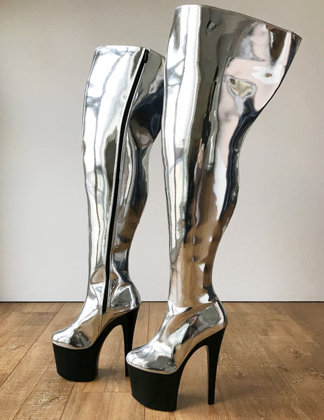 RTBU BLADE 20cm Platform Heel Crotch Hi Side Zip Customized Boot Metallic Silver