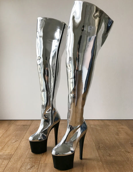 RTBU BLADE 20cm Platform Heel Crotch Hi Side Zip Customized Boot Metallic Silver