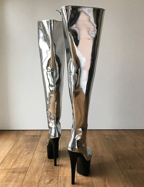RTBU BLADE 20cm Platform Heel Crotch Hi Side Zip Customized Boot Metallic Silver