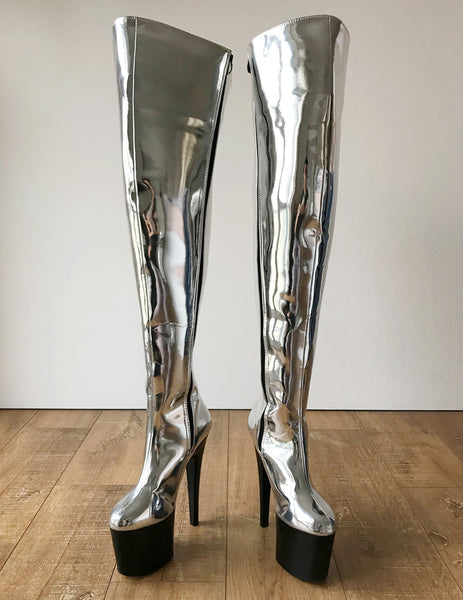 RTBU BLADE 20cm Platform Heel Crotch Hi Side Zip Customized Boot Metallic Silver