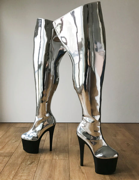 RTBU BLADE 20cm Platform Heel Crotch Hi Side Zip Customized Boot Metallic Silver
