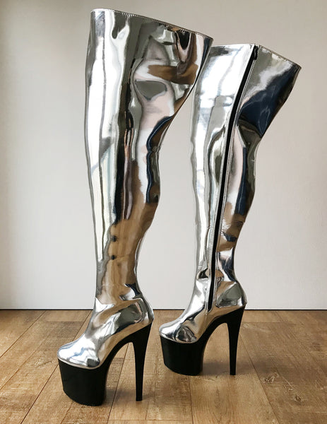 RTBU BLADE 20cm Platform Heel Crotch Hi Side Zip Customized Boot Metallic Silver