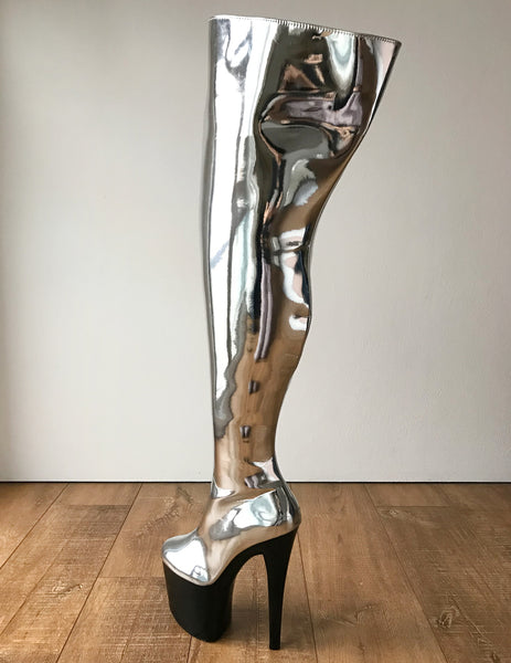 RTBU BLADE 20cm Platform Heel Crotch Hi Side Zip Customized Boot Metallic Silver