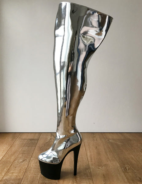 RTBU BLADE 20cm Platform Heel Crotch Hi Side Zip Customized Boot Metallic Silver