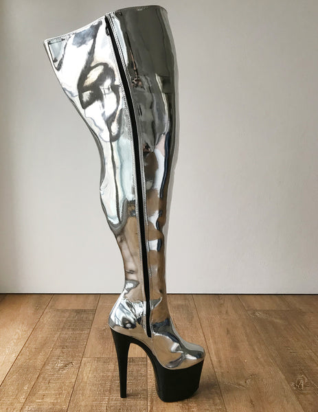 RTBU BLADE 20cm Platform Heel Crotch Hi Side Zip Customized Boot Metallic Silver