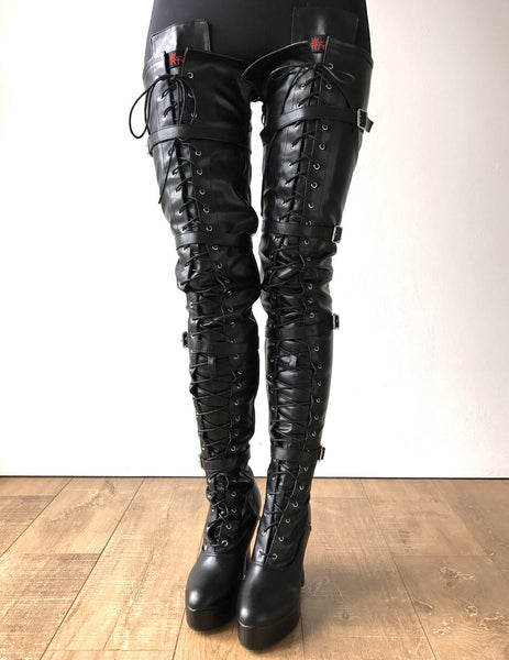 CHUK 12cm Spool Heel Platform Laceup Crotch Goth Punk Pinup Cosplay Fetish boots