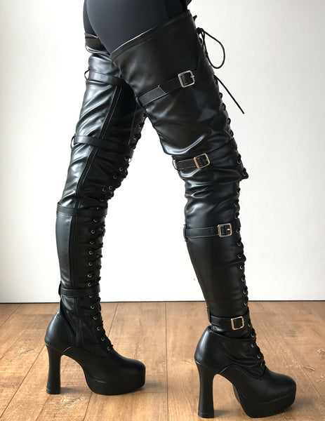 CHUK 12cm Spool Heel Platform Laceup Crotch Goth Punk Pinup Cosplay Fetish boots