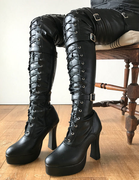 CHUK 12cm Spool Heel Platform Laceup Crotch Goth Punk Pinup Cosplay Fetish boots
