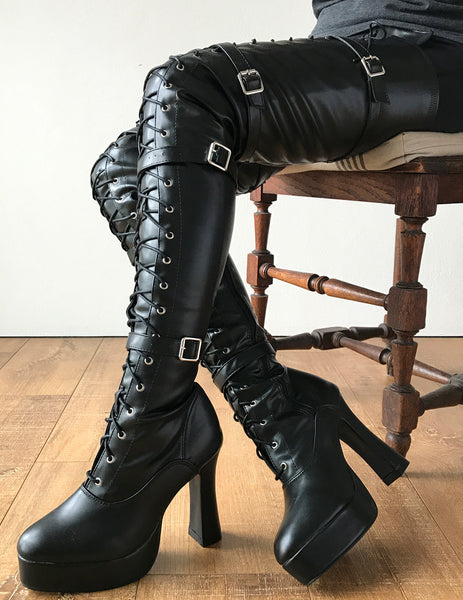 CHUK 12cm Spool Heel Platform Laceup Crotch Goth Punk Pinup Cosplay Fetish boots
