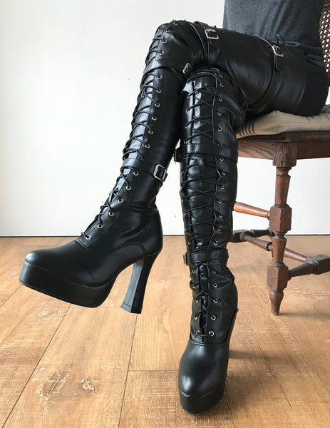 CHUK 12cm Spool Heel Platform Laceup Crotch Goth Punk Pinup Cosplay Fetish boots