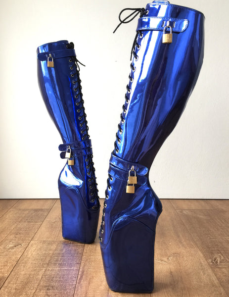 Beginner CUF Hoof Heelless Fetish Pinup Ballet Lockable Wedge Boot Metallic Blue
