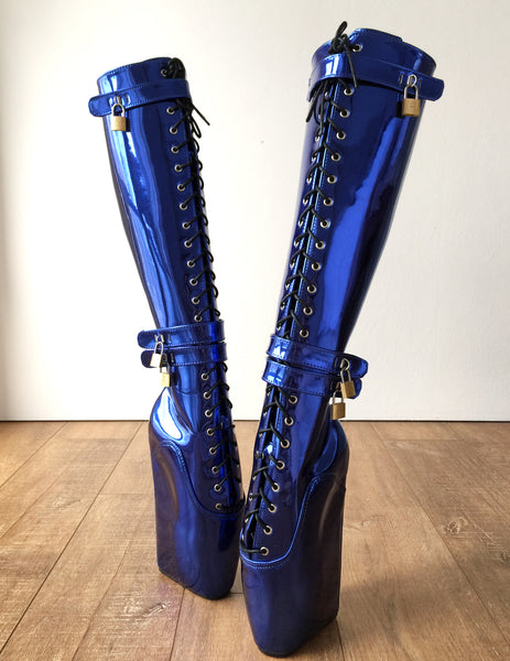 Beginner CUF Hoof Heelless Fetish Pinup Ballet Lockable Wedge Boot Metallic Blue