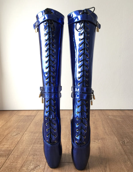 Beginner CUF Hoof Heelless Fetish Pinup Ballet Lockable Wedge Boot Metallic Blue