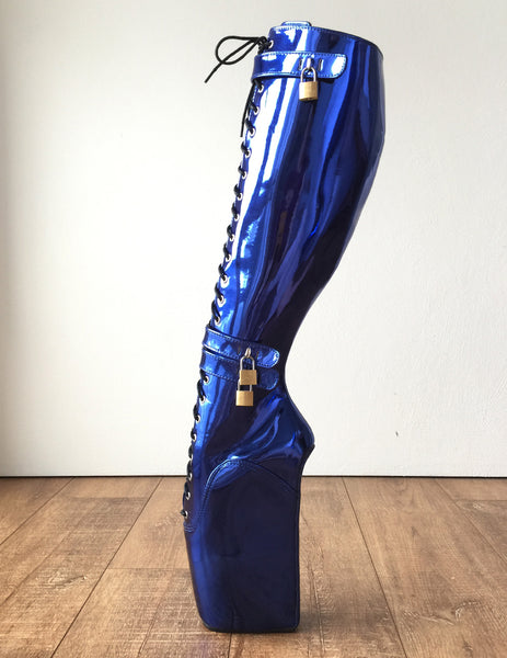 Beginner CUF Hoof Heelless Fetish Pinup Ballet Lockable Wedge Boot Metallic Blue