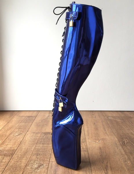 Beginner CUF Hoof Heelless Fetish Pinup Ballet Lockable Wedge Boot Metallic Blue